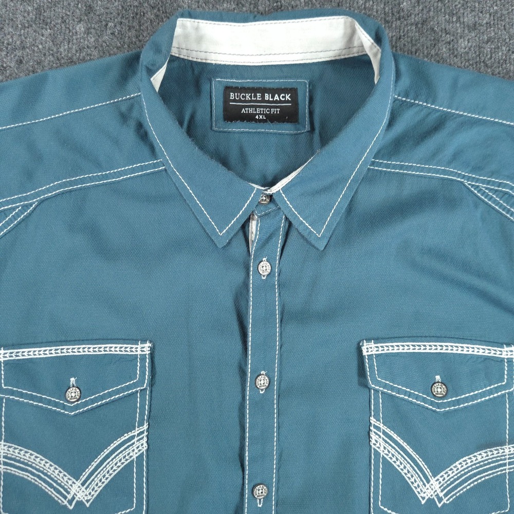 Buckle Black Mens 4XL Athletic Fit Button Up Teal Blue Short Sleeve Shirt Cowboy